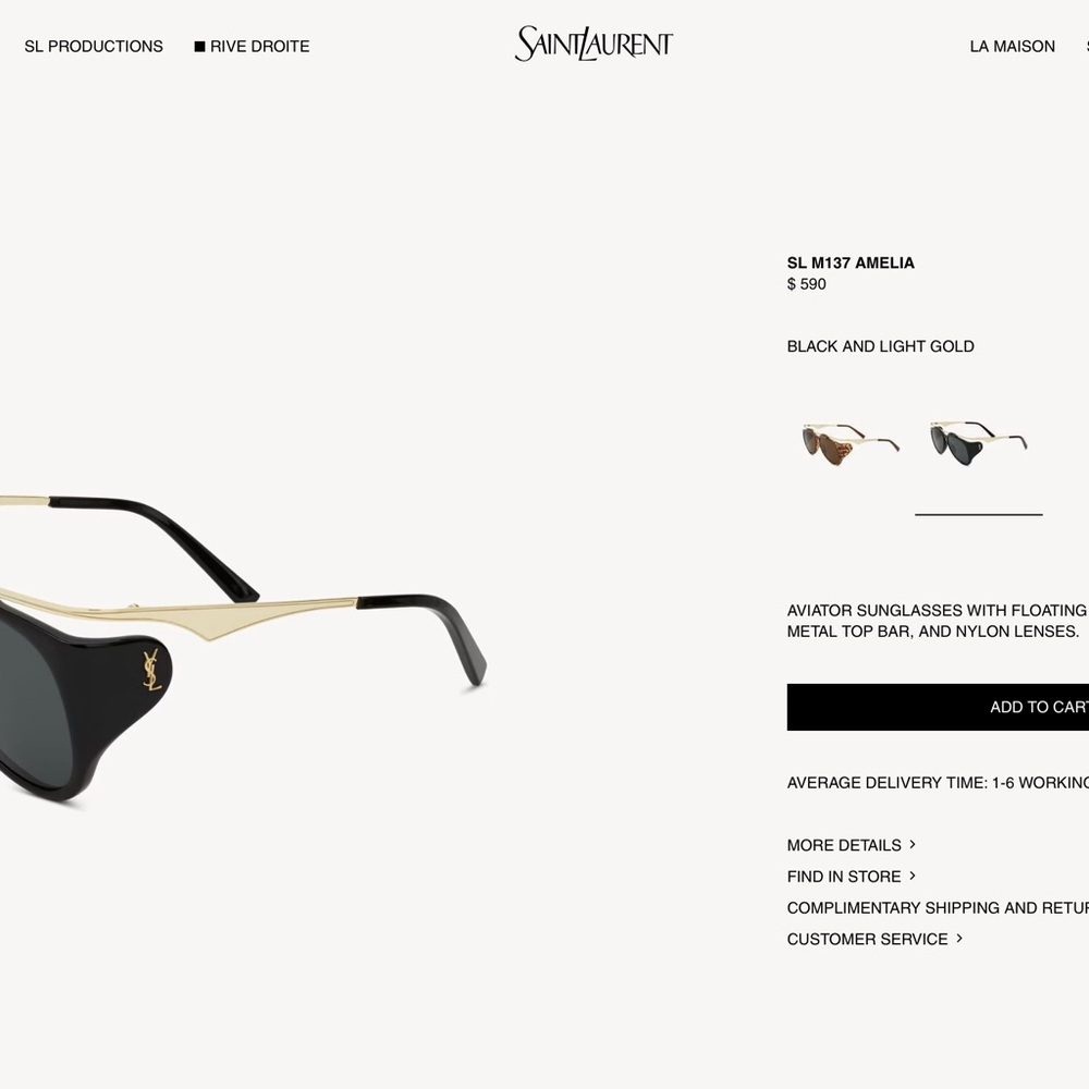 Brand New Saint Laurent Black and Light Gold Sunglasses